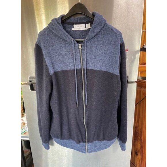 Calvin Klein Men's XXL Hoodie Zip-Up Sweater Merino Wool & Acrylic Blue & Black‎ - Picture 1 of 16